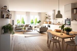 modern Küche Innere Design im Wohnung oder Haus mit Möbel. Luxus Küche Zuhause skandinavisch Konzept durch ai generiert foto