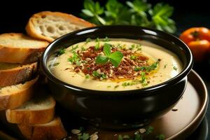 ein köstlich Gemüse Suppe Essen im ein Schüssel. Winter Essen und hoch Protein Suppe Mahlzeit Konzept durch ai generiert foto