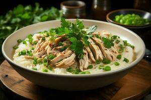 ein köstlich Hähnchen Suppe Essen mit Gemüse im ein Schüssel. Winter Essen und hoch Protein Suppe Mahlzeit Konzept durch ai generiert foto