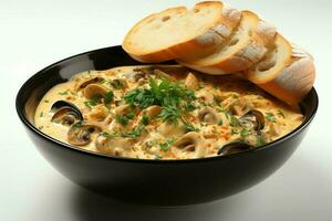 ein köstlich Bouillabaisse Suppe Essen im ein Schüssel. marseille Essen und gesund Protein Suppe Mahlzeit Konzept durch ai generiert foto