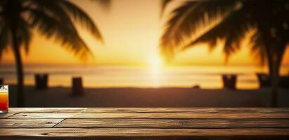 leeren hölzern Tabelle im Vorderseite von verschwommen tropisch Strand auf Sonnenuntergang Abend. hölzern Hintergrund im Strand. ai generativ foto