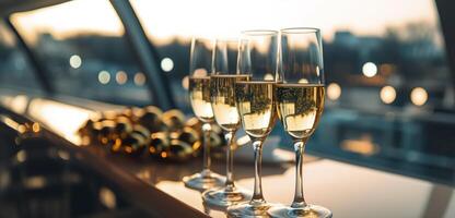 Luxus Abend Party auf ein Kreuzfahrt Yacht mit ein Champagner Einstellung. Champagner Brille und Flaschen mit Champagner mit Bokeh Yacht im das Hintergrund, niemand. ai generativ foto