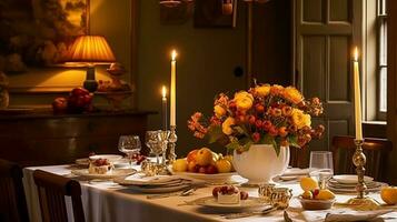 Essen Zimmer Dekor, Innere Design und Herbst Urlaub Feier, elegant herbstlich Tabelle Dekoration mit Kerzen und Blumen, Zuhause Dekor und Land Hütte Stil foto