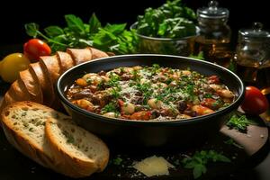 ein köstlich Minestrone Suppe Essen im ein Schüssel. Italienisch Essen und gesund Protein Suppe Mahlzeit Konzept durch ai generiert foto