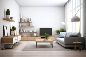 modern Wohnung Innere im Leben oder Schlafzimmer Design mit Arbeiten Tisch, Möbel, und Bücherregal. Luxus Zuhause skandinavisch Konzept durch ai generiert foto