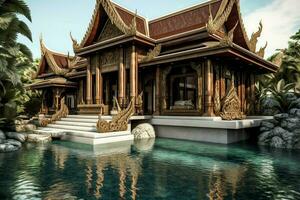 thailändisch balinesisch Luxus Villa mit Unendlichkeit Schwimmen Schwimmbad. ein tropisch Garten im Ubud bali Indonesien Konzept durch ai generiert foto