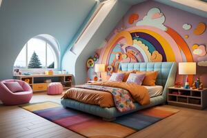 modern Kind Schlafzimmer Innere Design im Haus mit Dekoration Kinder. bunt Kinder Schlafzimmer Konzept durch ai generiert foto