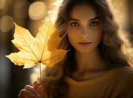 schön Mädchen mit Herbst Blätter foto