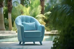 Foto von ein modern Licht Blau Farbe Sessel allein im das tropisch Hintergrund, ai generativ