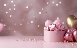 glücklich Valentinsgrüße Tag Banner. Rosa und Gold Herzen vereiteln Luftballons mit Geschenke auf Rosa Bokeh. Valentinstag Tag Hintergrund. romantisch Banner Hintergrund, leeren Raum zum Text, ai generativ foto