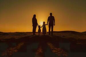 Schatten von glücklich Familie zusammen, Eltern mit ihr wenig Baby beim Sonnenuntergang. ein Silhouette von Liebe und Einheit. ai generativ foto