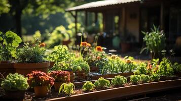 hölzern Haus im Dorf mit Pflanzen und Blumen im Hinterhof Garten. Garten und Blume auf ländlich Haus Konzept durch ai generiert foto