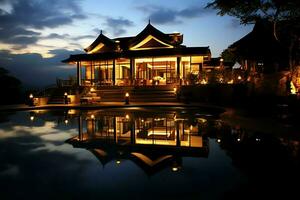 thailändisch balinesisch Luxus Villa mit Unendlichkeit Schwimmen Schwimmbad. ein tropisch Garten im Ubud bali Indonesien Konzept durch ai generiert foto