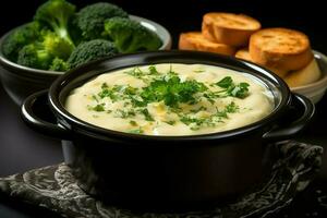 ein köstlich Gemüse Suppe Essen im ein Schüssel. Winter Essen und hoch Protein Suppe Mahlzeit Konzept durch ai generiert foto