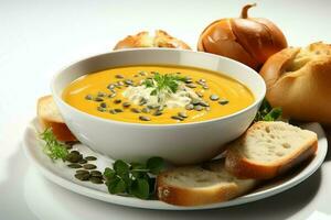 ein köstlich Kürbis Suppe Essen Sahne im ein Schüssel. Winter Essen und hoch gesund Suppe Mahlzeit Konzept durch ai generiert foto