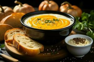 ein köstlich Kürbis Suppe Essen Sahne im ein Schüssel. Winter Essen und hoch gesund Suppe Mahlzeit Konzept durch ai generiert foto