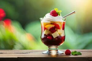 Eisbecher im das Luxus Glas beim hölzern Tisch, ai generativ foto