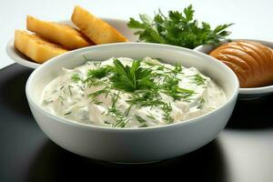 ein köstlich Hähnchen Suppe Essen mit Gemüse im ein Schüssel. Winter Essen und hoch Protein Suppe Mahlzeit Konzept durch ai generiert foto