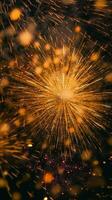 schön Feuerwerk Show mit Stadtbild beim Nacht zum Feier glücklich Neu Jahr. Feuerwerk Anzeige Konzept durch ai generiert foto