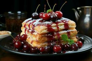 hausgemacht von köstlich Gebäck oder Pfannkuchen mit Obst Dänen und Kirsche. dänisch Gebäck und Dessert Konzept durch ai generiert foto