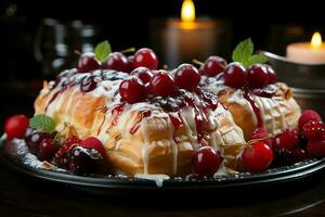 hausgemacht von köstlich Gebäck oder Pfannkuchen mit Obst Dänen und Kirsche. dänisch Gebäck und Dessert Konzept durch ai generiert foto