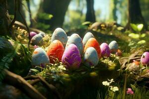 glücklich Hase mit viele Ostern Eier auf Ostern Tag Konzept. Ostern Tag Hintergrund mit Hase, Süßigkeiten oder bunt dekorativ Eier. gemalt Eier auf Stroh Nest und Blume. Ostern Feier durch ai generiert foto