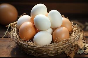 ein Menge Haufen von frisch Hähnchen Eier auf das hölzern, Nest oder Stroh Korb. Öko Eier Lebensmittel gesund Konzept durch ai generiert foto