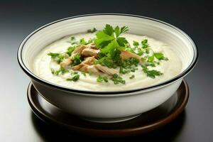 ein köstlich Hähnchen Suppe Essen mit Gemüse im ein Schüssel. Winter Essen und hoch Protein Suppe Mahlzeit Konzept durch ai generiert foto