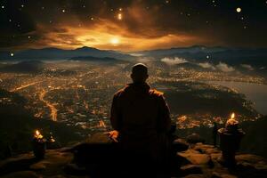 ein Buddha sitzt im das Berg mit ein Lotus und Kerzen. Hintergrund zum vesak Feier. vesak Tag Konzept. vesak Feier Tag Schöne Grüße Konzept durch ai generiert foto