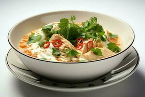 ein köstlich Hähnchen Suppe Essen mit Gemüse im ein Schüssel. Winter Essen und hoch Protein Suppe Mahlzeit Konzept durch ai generiert foto