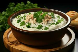 ein köstlich Hähnchen Suppe Essen mit Gemüse im ein Schüssel. Winter Essen und hoch Protein Suppe Mahlzeit Konzept durch ai generiert foto