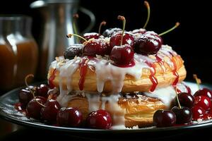 hausgemacht von köstlich Gebäck oder Pfannkuchen mit Obst Dänen und Kirsche. dänisch Gebäck und Dessert Konzept durch ai generiert foto