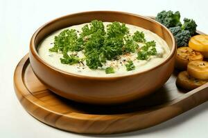 ein köstlich Gemüse Suppe Essen im ein Schüssel. Winter Essen und hoch Protein Suppe Mahlzeit Konzept durch ai generiert foto