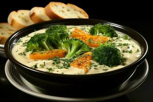 ein köstlich Gemüse Suppe Essen im ein Schüssel. Winter Essen und hoch Protein Suppe Mahlzeit Konzept durch ai generiert foto