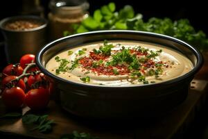 ein köstlich Tomate Suppe Essen im ein Schüssel. Winter Essen und gesund Protein Suppe Mahlzeit Konzept durch ai generiert foto