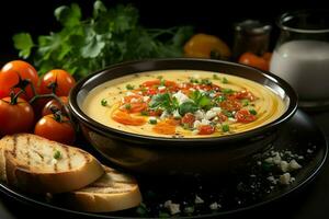 ein köstlich Gemüse Suppe Essen im ein Schüssel. Winter Essen und hoch Protein Suppe Mahlzeit Konzept durch ai generiert foto