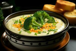 ein köstlich Gemüse Suppe Essen im ein Schüssel. Winter Essen und hoch Protein Suppe Mahlzeit Konzept durch ai generiert foto