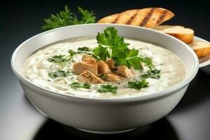 ein köstlich Hähnchen Suppe Essen mit Gemüse im ein Schüssel. Winter Essen und hoch Protein Suppe Mahlzeit Konzept durch ai generiert foto