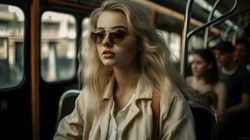 jung blond Frau im das Bus, Denken, Öffentlichkeit Transport, generativ ai foto