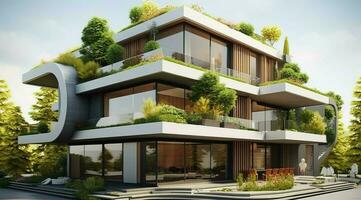 Aussicht von modern Wohn Kreis Gebäude Grün und Vegetation generiert durch ai foto