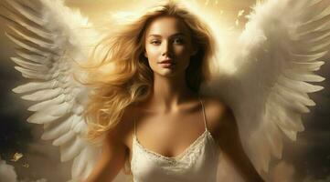 Porträt von schön Engel mit blond Haar generiert durch ai foto