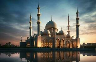 islamisch Moschee beim Dämmerung und das Betrachtung von das Wasser generiert durch ai foto