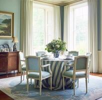Essen Zimmer Dekor, Innere Design und Haus Verbesserung, elegant Tabelle mit Stühle, Möbel und klassisch Blau Zuhause Dekor, Land Hütte Stil foto
