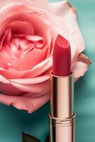 Rosa Lippenstift im ein golden Tube und Blühen Rose Blume, Schönheit kosmetisch und bilden Produkt, generativ ai foto