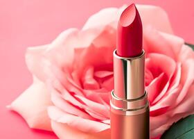 Rosa Lippenstift im ein golden Tube und Blühen Rose Blume, Schönheit kosmetisch und bilden Produkt, generativ ai foto