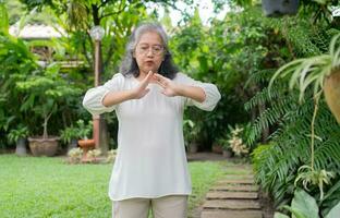 Porträt von ein asiatisch Senior Frau tun Yoga und Dehnen Übung im das Garten zum ein trainieren. Konzept von Lebensstil Fitness und gesund. asiatisch Frauen sind üben Yoga im Park. gesund Lebensstil foto