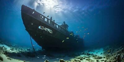 ai generiert. ai generativ. unter Wasser Meer Ozean Tauchen unterschiedlich Abenteuer. unter Wasser erkunden Ausflug alt Geschichte Schiff. nautisch Marine tief blauw vibe.graphic Kunst foto