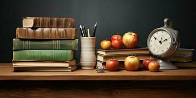 ai generiert. ai generativ. Büro Studie Buch Bleistift liefert Regal Holz Tisch. zurück zu Schule Stimmung. Grafik Kunst foto
