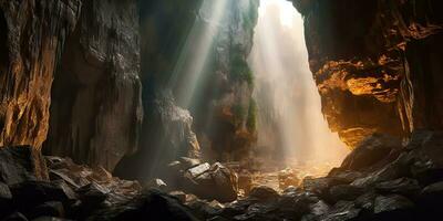 ai generiert. ai generativ. unter Boden draussen Natur Höhle mit Licht Szene. Abenteuer erkunden Ausflug Ferien Tour Stimmung. Grafik Kunst foto