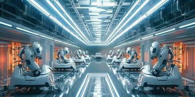 ai generiert. ai generativ. Automobil Fabrik Auto Produktion durch Roboter Zukunft Technologie. Grafik Kunst foto